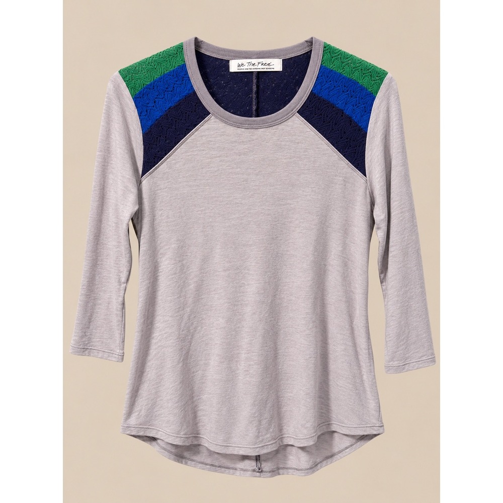 We The Free Women Top M Grey Blue Green Crochet Lace 3/4 Sleeve Boho Raglan